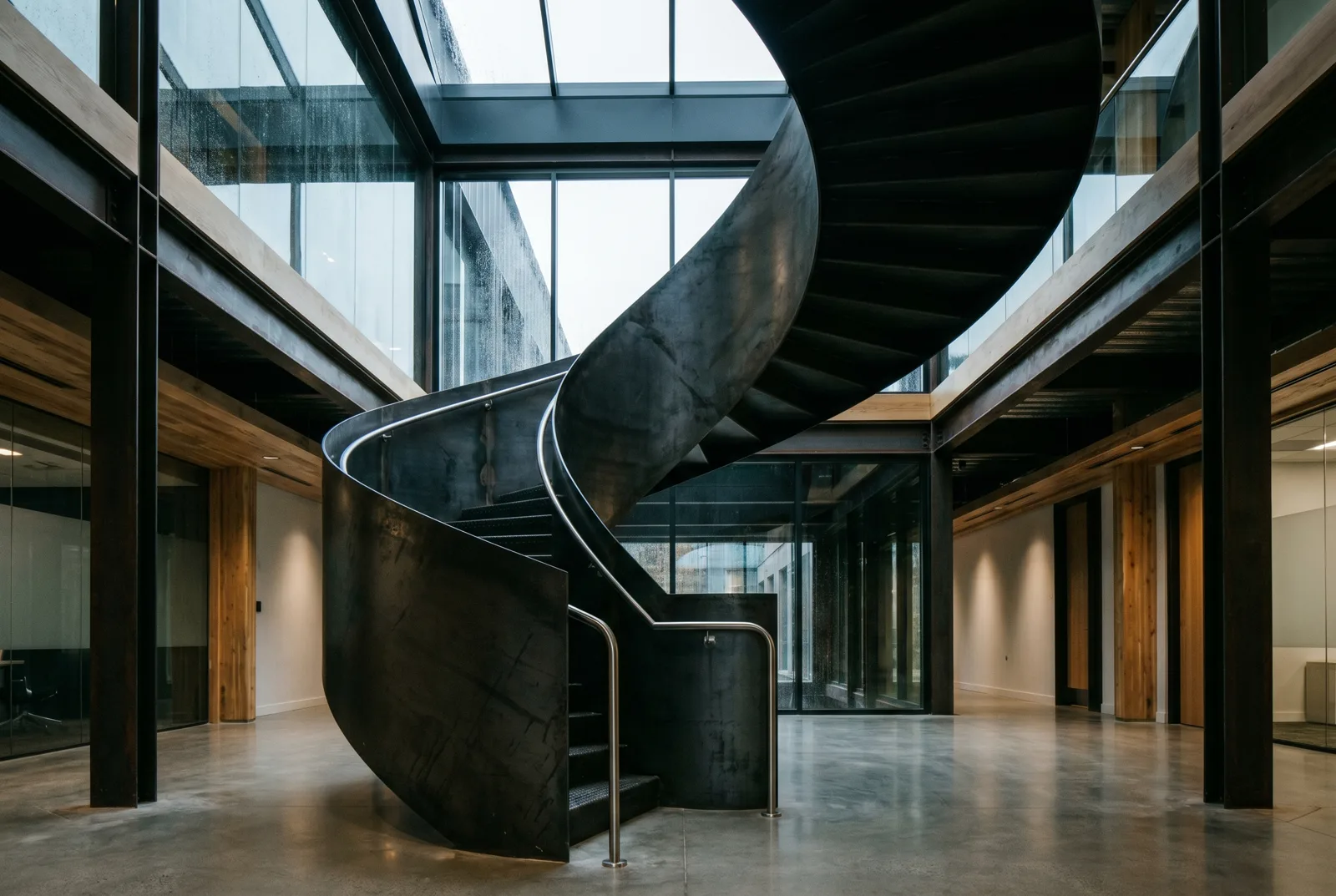 Escalera helicoidal de acero en atrio con muro cortina